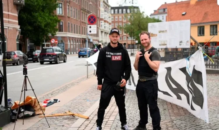 "Danish Patriots" protesters demonstrate in front of the Iraqi embassy in Copenhagen, Denmark, July 24, 2023. courtesy of Reuters