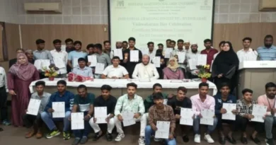 ITI Hyderabad: Prof. Syed Ainul Hasan presenting certificate to student. Prof. Abdul Wahid, Dr. Arshia Azam also seen. Group: Prof. Syed Ainul Hasan, Prof. Abdul Wahid, Dr. Arshia Azam, ITI staff and students