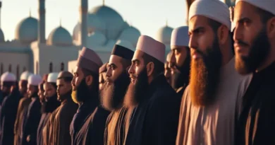 Create a beautiful picture, many bearded Muslims are standing outside the mosque AI pics