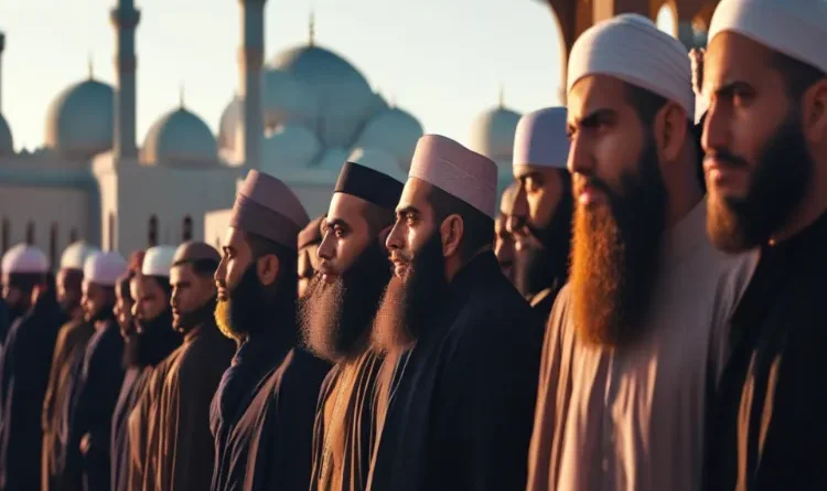 Create a beautiful picture, many bearded Muslims are standing outside the mosque AI pics