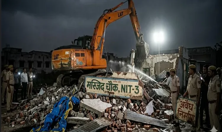Heavy police force carried out a major operation in Faridabad at midnight, razing eight buildings, including a mosque.